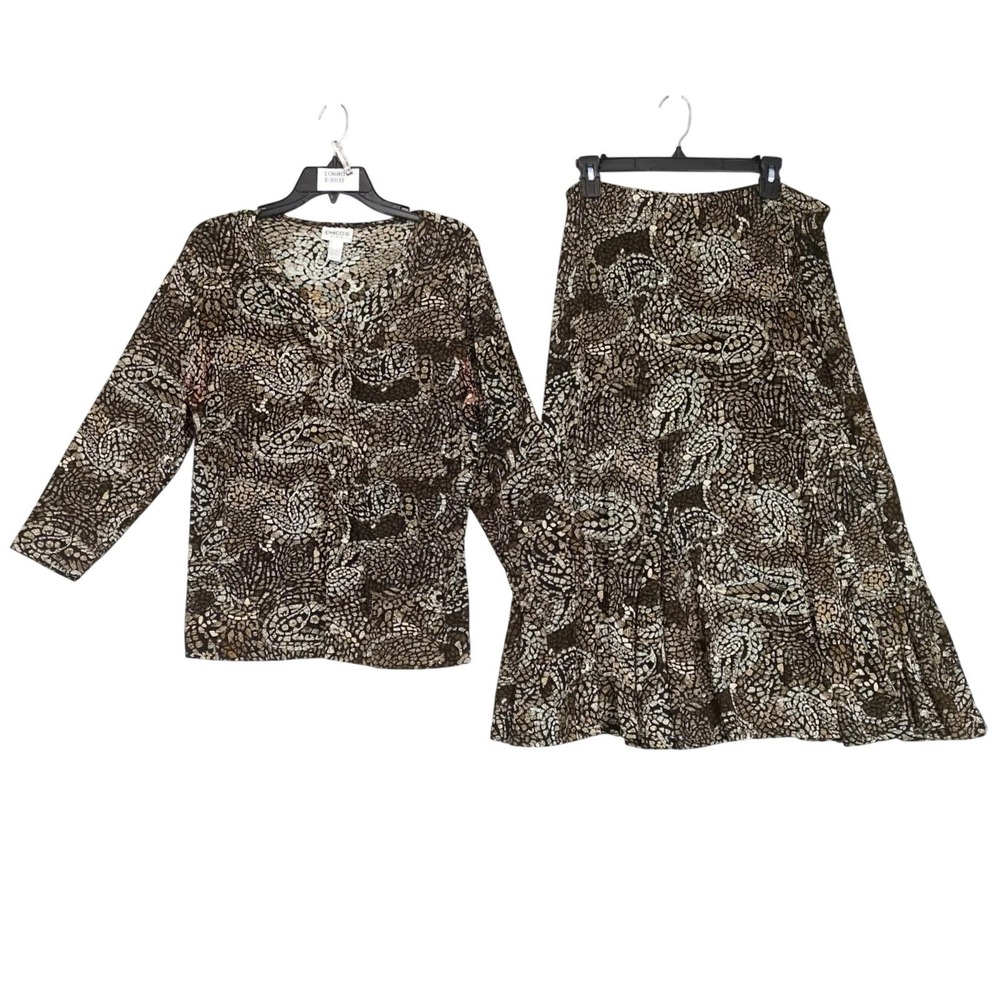 Vintage 90s Chico's Travelers Brown Print 2pc Blouse & Skirt Set Womens L/XL USA